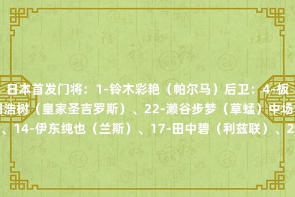 日本首发门将：1-铃木彩艳（帕尔马）后卫：4-板仓滉（门兴）、16-町田浩树（皇家圣吉罗斯）、22-濑谷步梦（草蜢）中场：6-远藤航（利物浦）、14-伊东纯也（兰斯）、17-田中碧（利兹联）、20-久保建英（皇家社会）先锋：8-南野拓实（摩纳哥）、13-中村敬斗（兰斯）、19-小川航基（奈梅亨）    体育集锦