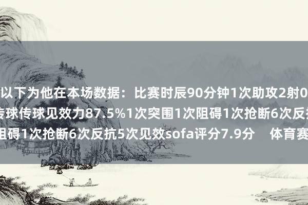 以下为他在本场数据：比赛时辰90分钟1次助攻2射0正56次触球3次环节传球传球见效力87.5%1次突围1次阻碍1次抢断6次反抗5次见效sofa评分7.9分    体育赛事直播